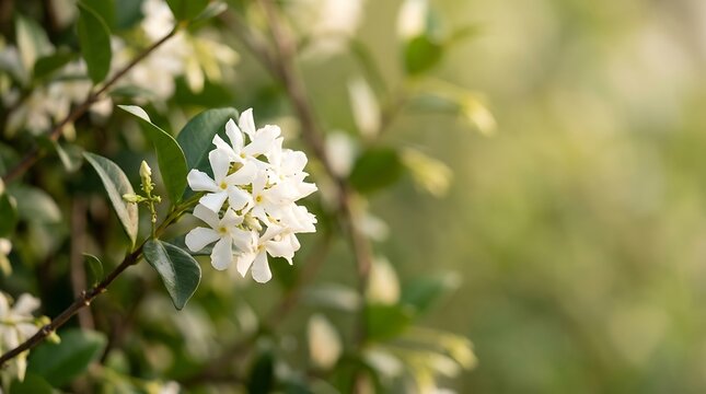Blooming white jasmine flowers on a green vine in a garden