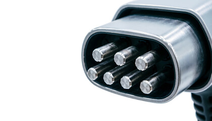 Naklejka premium Close-up of high-conductivity EV charging port pins with ultra-sharp detail, professional studio photography, white background