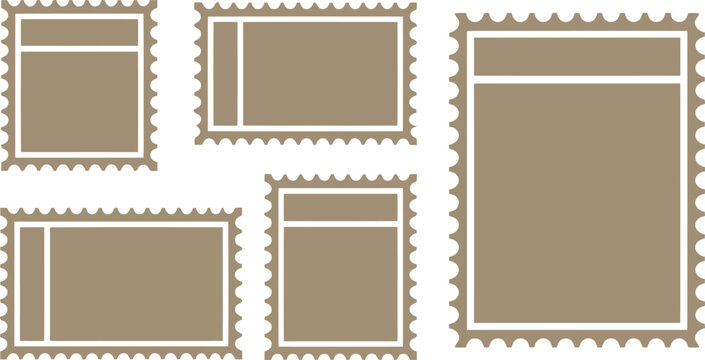 Collection of five brown postage stamp frames with white borders and serrated edges 