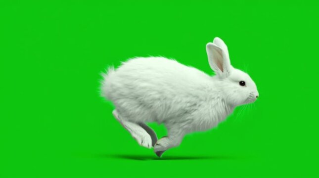 White rabbit running in slow motion on seamless green screen