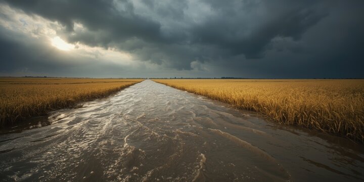 Nature's power shown by stormy sky reflections on rippling water flooding vast wheat farmland