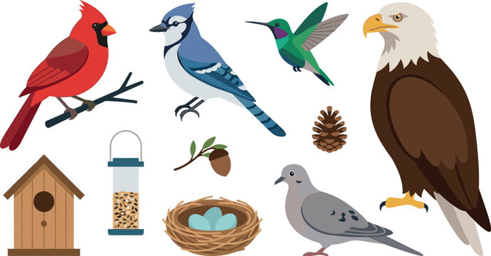 North American birds vector collection featuring northern cardinal blue jay hummingbird bald eagle dove birdhouse nest with eggs and feeder elements isolated on white background