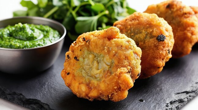 Crispy vegetable pakoras with vibrant green chutney sit on a dark slate plate. Fresh greens in soft focus create a natural, inviting background. Perfect for Indian cuisine or snack themes.
