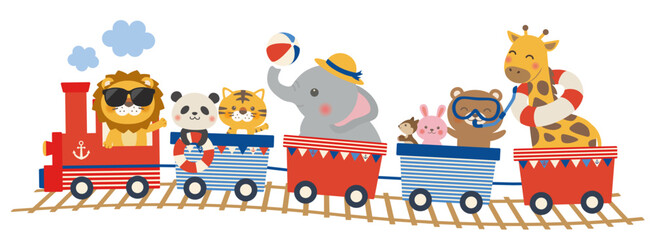 Fototapeta premium 【ベクター】動物汽車の夏イラスト（線路あり・マリンカラー・手描き販促素材）
