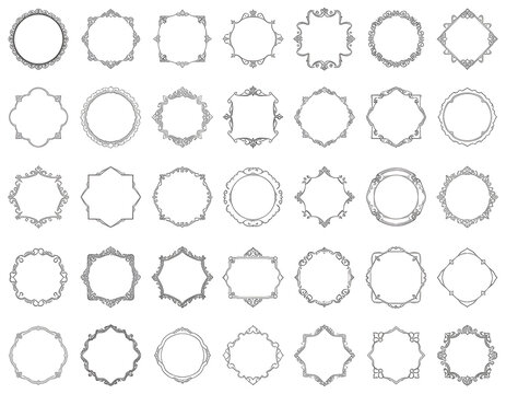 Ornate white frames and borders on black background for design and decoration