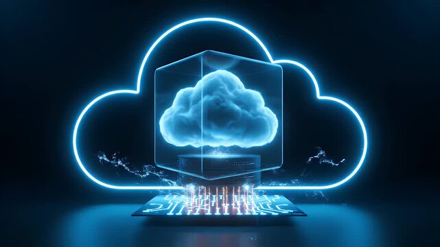 A glowing digital cloud icon floating above a computer processor chip representing modern cloud computing technology