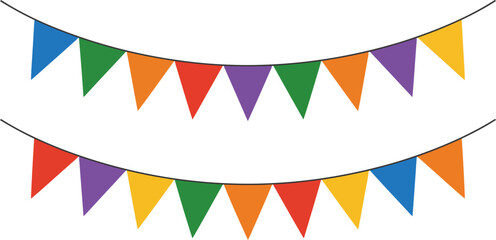 Obraz premium Colorful Triangle Bunting Flags Hanging on Two Lines on White Background party celebration