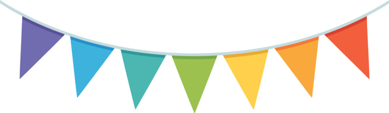 Colorful triangle bunting flags in a rainbow arc on a white background. bunting flags