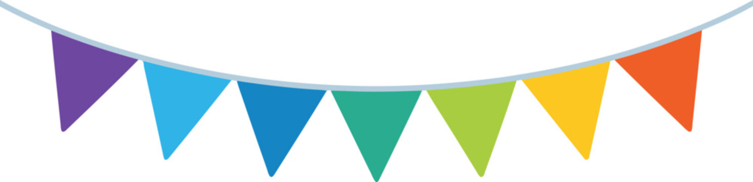 Colorful triangular bunting flags strung on a light blue string party celebration