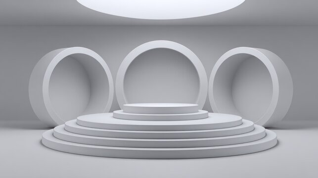 Minimalist presentation stage features stacked circular platforms set against a backdrop of three recessed circular arches
