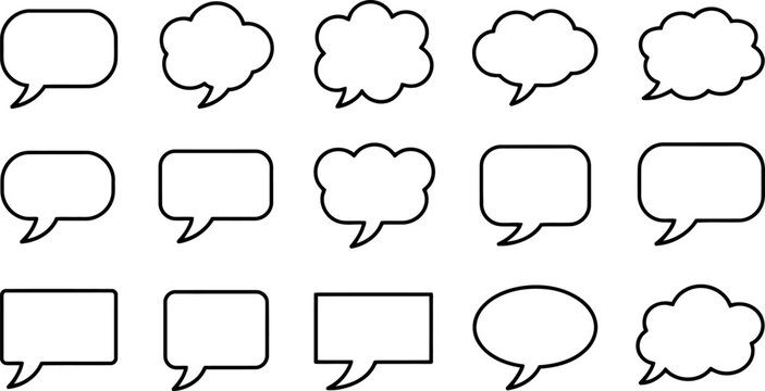 Fifteen assorted black outline speech and thought bubble shapes on white speech bubble