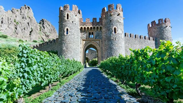 An ancient stone castle with vineyards at its entrance, a majestic structure straight out of a tourist brochure or historical re-enactment.
