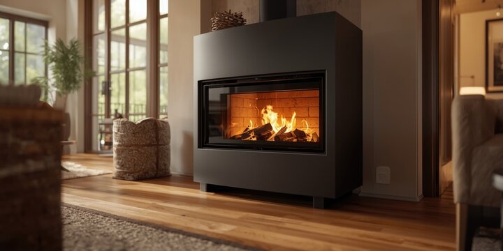 Modern living room featuring a fireplace and a nearby wood pellet sack