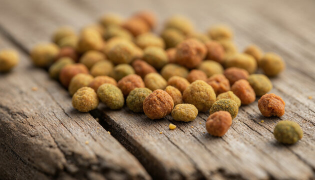 Macro view of natural bee pollen and perga granules on weathered wooden board