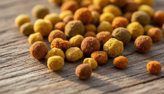 Macro composition of organic bee pollen and perga granules on aged rustic wood