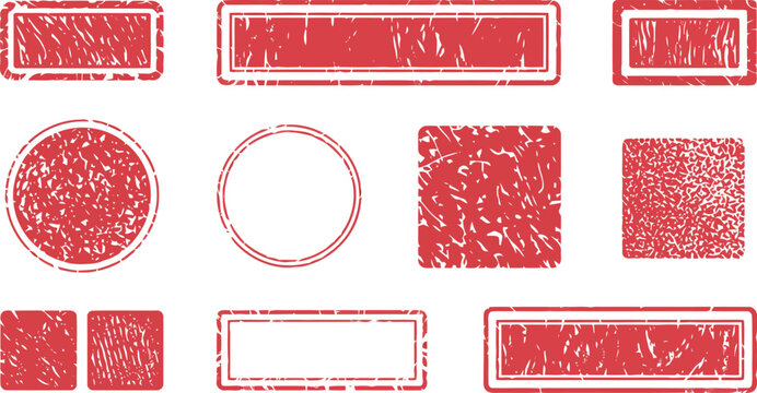 Group of ten red distressed rubber stamp shapes with varied textures on white red stamp