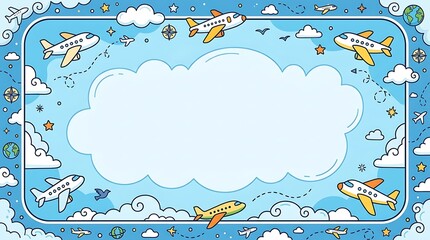Fototapeta premium Cartoon airplane travel frame with clouds and blue sky