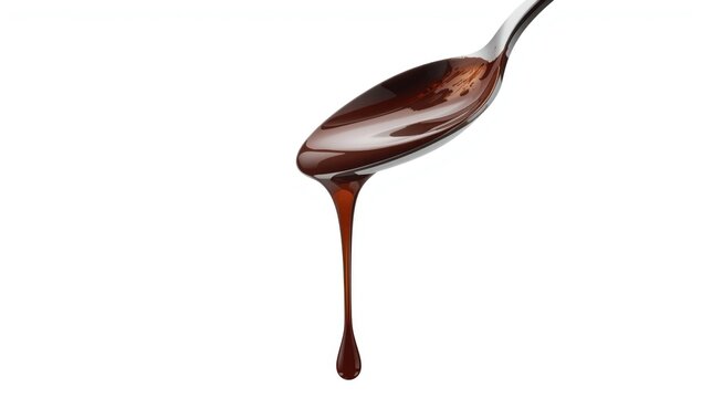 Chocolate syrup dripping from a metal spoon