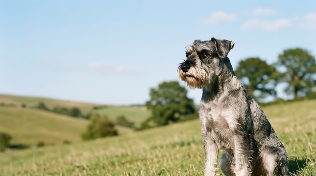 Miniature schnauzer dog sitting in a lush green countryside field