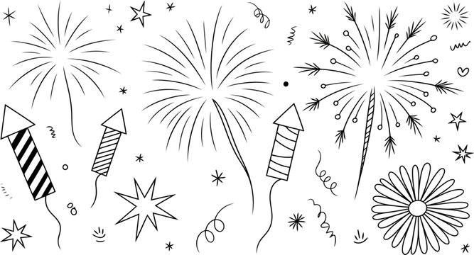 Hand drawn fireworks and party elements doodle set on white. fireworks, firework