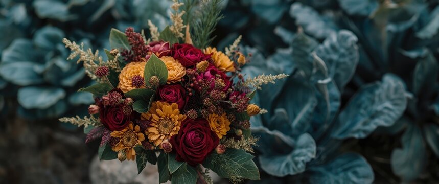 Colorful bouquet of flowers with dark leaves in background
