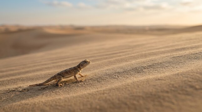 Small lizard crawling on a sand dune in the desert at sunset