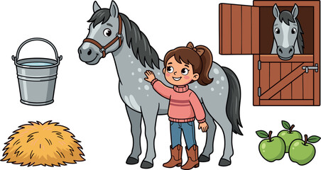 Horse Stable Vector Clipart Set with Cute Girl Petting Grey Pony Wooden Barn Door Straw Bucket and Green Apples for Farm Cartoon Designs