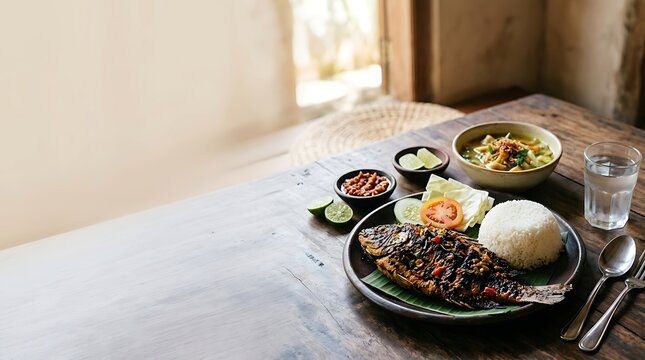 Grilled whole fish served with rice and traditional sambal sauce