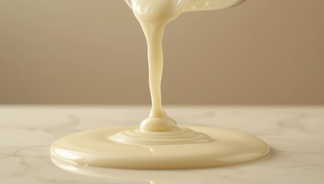 Sweet dairy condensed milk pouring thick on a soft light base