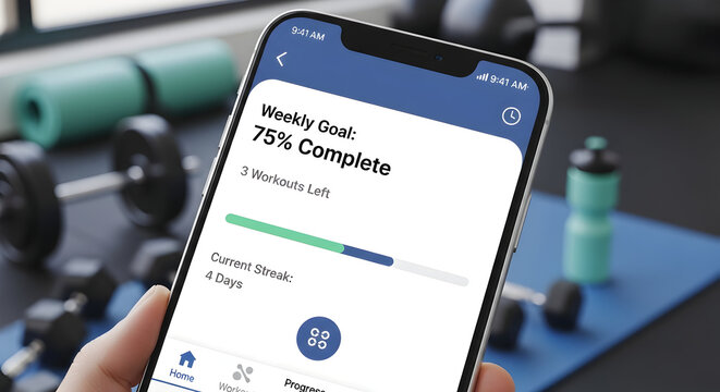 Achieve your fitness goals with this progress tracking app displayed on a smartphone surrounded by gym equipment