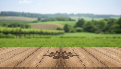 Obraz premium Wooden table with flower design overlooking a blurred green landscape
