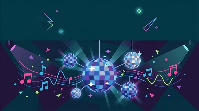Vibrant neon disco ball and music notes for party celebration