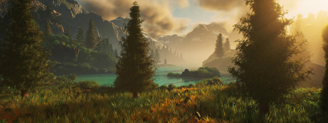 Mountain lake scenery with trees and other lush vegetation under a blue sky with some clouds. Picturesque foggy landscape. 3D rendered still image. © ysbrandcosijn