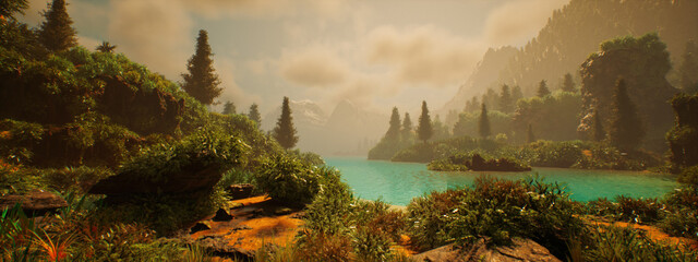 Mountain lake scenery with trees and other lush vegetation under a blue sky with some clouds. Picturesque foggy landscape. 3D rendered still image. © ysbrandcosijn