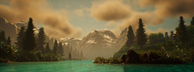 Mountain lake scenery with trees and other lush vegetation under a blue sky with some clouds. Picturesque foggy landscape. 3D rendered still image. © ysbrandcosijn