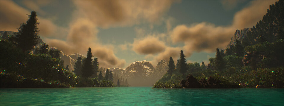 Mountain lake scenery with trees and other lush vegetation under a blue sky with some clouds. Picturesque foggy landscape. 3D rendered still image.