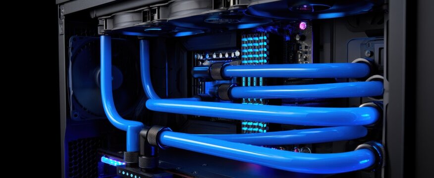 High-performance Gaming PC Liquid Cooling Setup Featuring Blue Tubing and LED Lighting