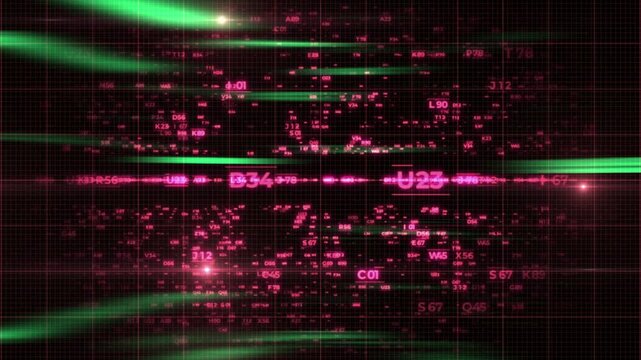 Digital data stream animation featuring glowing red alphanumeric characters moving across a dark green grid video