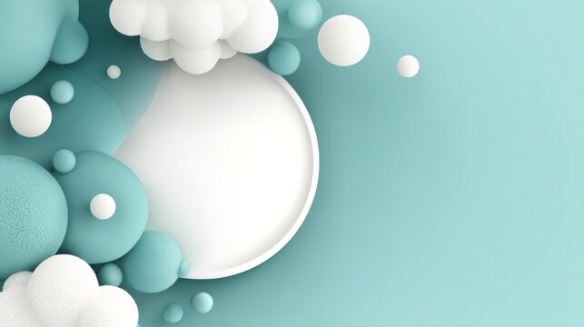 Three dimensional abstract background featuring textured spheres and soft clouds surrounding a central circular space