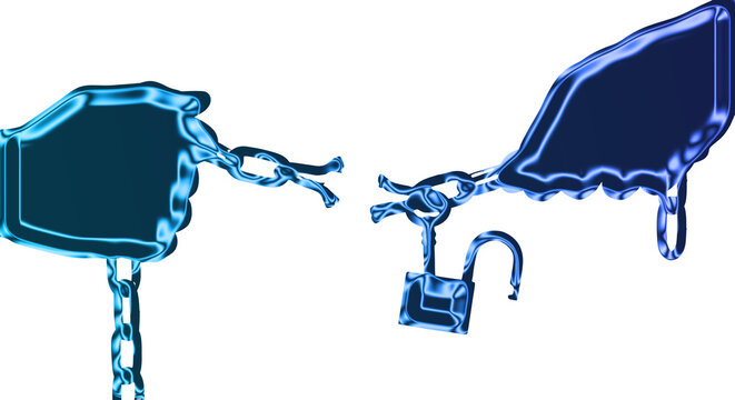 Two broken padlocks with chains on a transparent background lie on the ground