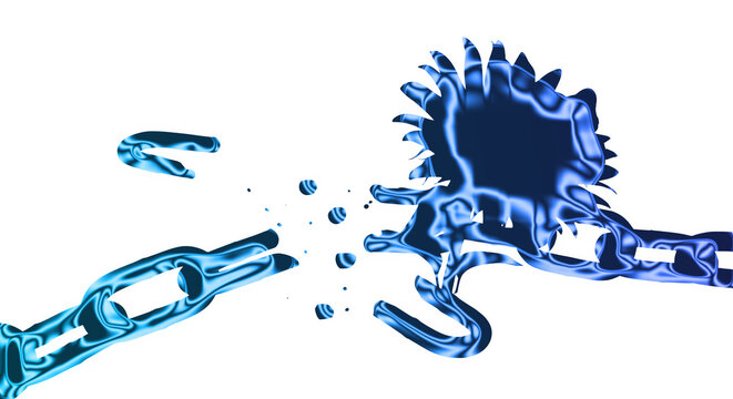 Water droplets splash on a transparent background as a chain breaks free.