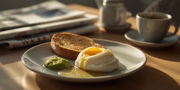 Soft-boiled egg breakfast plate accompanied by buttered toast and kaya spread