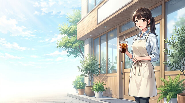 アイスコーヒーを持つカフェスタッフを描いたイラストです。
明るい朝の光が爽やかな雰囲気を演出します。