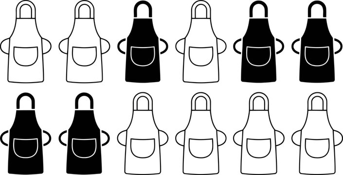 Twelve white and black apron icons with side straps in two rows kitchen cooking
