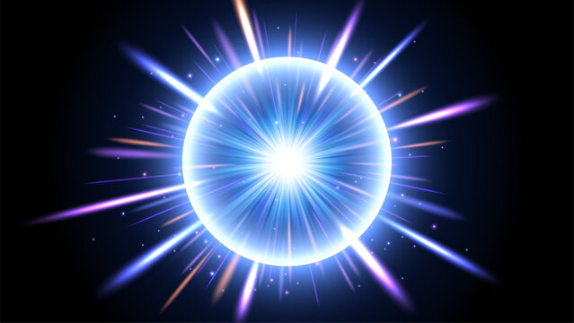 Abstract Blue Purple Glowing Orb with Light Rays, Vector Illustration