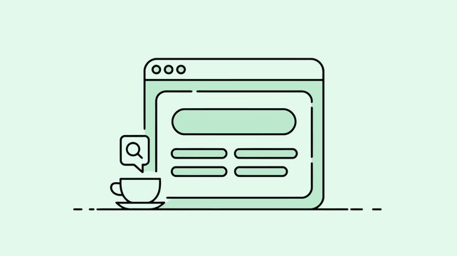 Web page layout with search icon and coffee cup illustration browser window magnifying glass