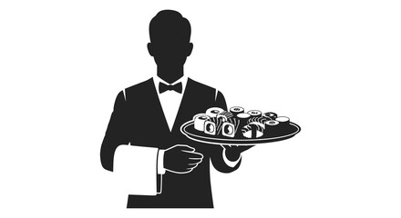 Waiter Presenting Sushi On A Tray Black Silhouette server maki © sakib