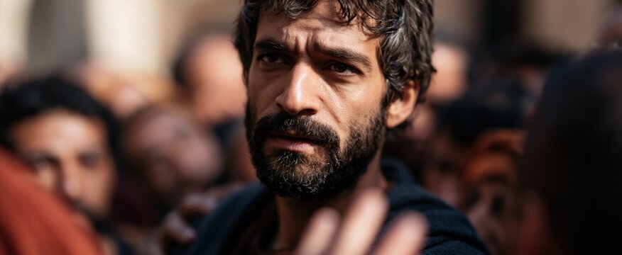 An ancient city backdrop features a resolute apostle facing a tense, hostile crowd in a historic biblical moment.