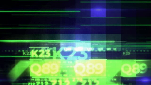 Digital data stream animation featuring glowing neon green alphanumeric symbols moving across a dark screen background