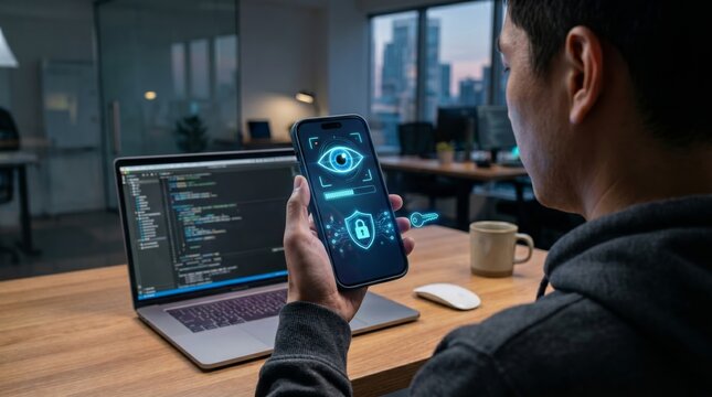 Programmer scanning eye for mobile biometric identification multi factor authentication cyber security